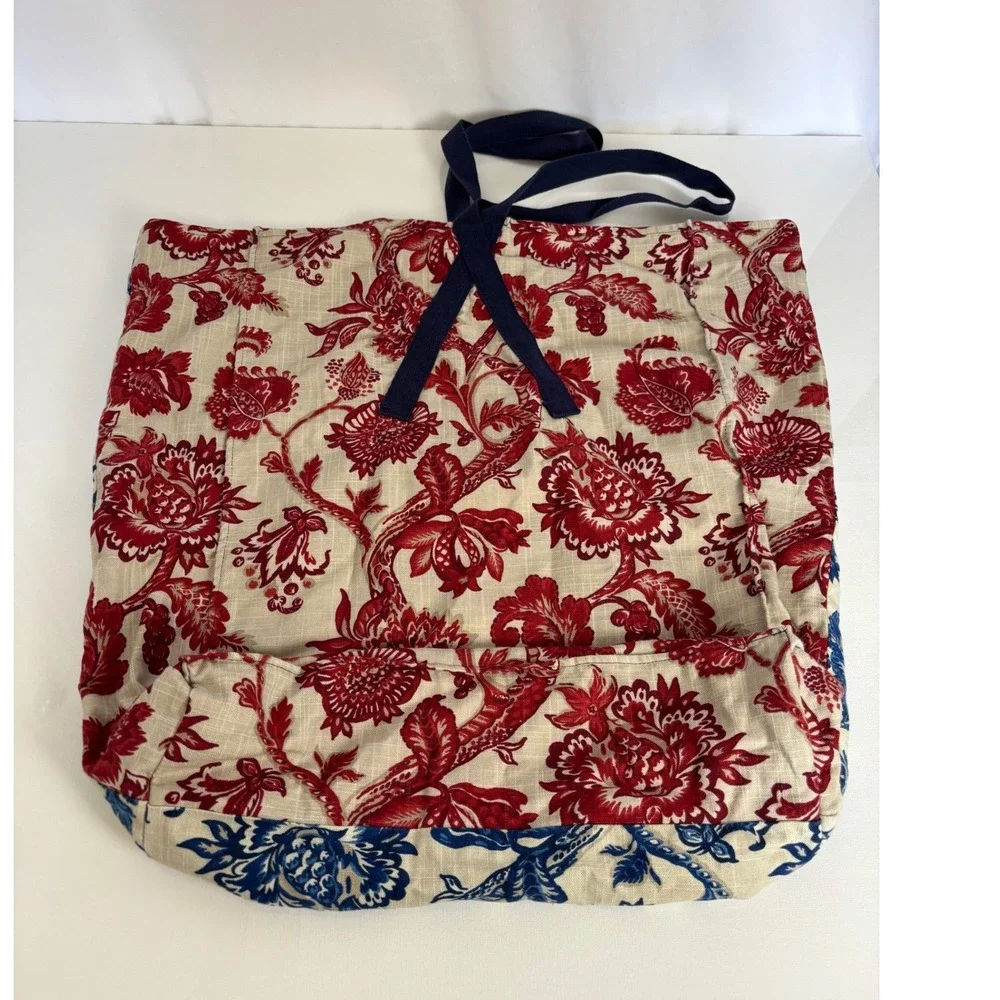 Floral Chintz Toile Canvas Tote Bag Blue Red White Reversible Large Handmade